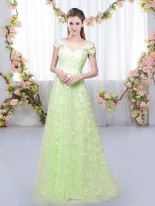 Yellow Green Cap Sleeves Floor Length Appliques Lace Up Quinceanera Dama Dress