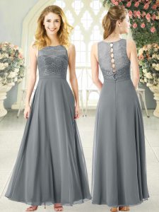 Best Grey Chiffon Clasp Handle Prom Evening Gown Sleeveless Ankle Length Lace