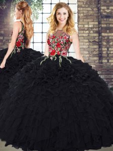 Black Zipper Scoop Embroidery and Ruffles Quinceanera Gown Organza Sleeveless