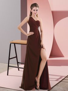 Glittering Chiffon One Shoulder Sleeveless Sweep Train Backless Beading and Ruching Evening Dress in Burgundy