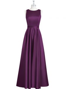 Eggplant Purple Elastic Woven Satin Backless Prom Dresses Sleeveless Floor Length Ruching and Pleated