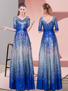 Classical Royal Blue Sequined Zipper Prom Party Dress Half Sleeves Floor Length Ruching