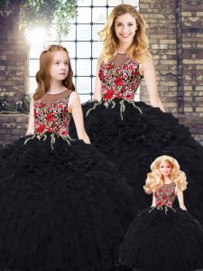Dazzling Black Organza Zipper Sweet 16 Quinceanera Dress Sleeveless Floor Length Embroidery and Ruffles