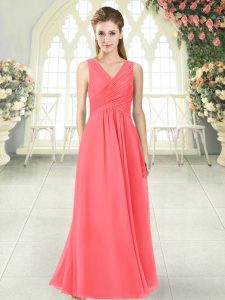 Dazzling Watermelon Red Zipper V-neck Ruching Prom Dress Chiffon Sleeveless