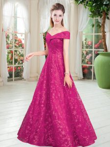 Fuchsia A-line Off The Shoulder Sleeveless Lace Floor Length Lace Up Beading Prom Evening Gown