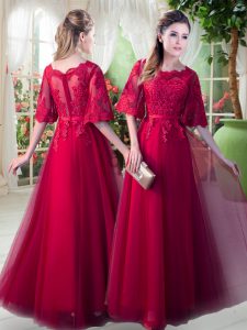 Scoop Half Sleeves Dress for Prom Floor Length Appliques Red Tulle