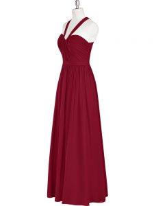 Elegant Burgundy Halter Top Neckline Ruching Prom Gown Sleeveless Zipper