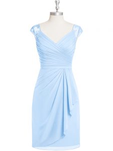 Light Blue Column/Sheath Appliques and Ruching Prom Party Dress Zipper Chiffon Cap Sleeves Knee Length