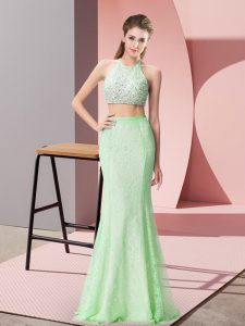 Cute Apple Green Sleeveless Floor Length Beading and Lace Backless Homecoming Dress