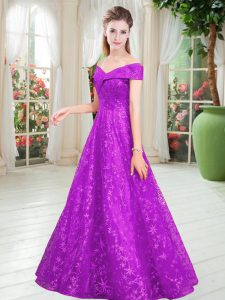 Purple Off The Shoulder Lace Up Beading Prom Dress Sleeveless