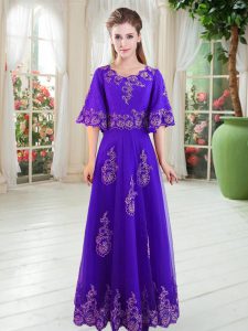 Purple Lace Up Evening Dress Lace Half Sleeves Floor Length