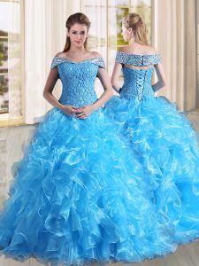 Deluxe Baby Blue Off The Shoulder Lace Up Beading and Lace and Ruffles 15 Quinceanera Dress Sweep Train Sleeveless