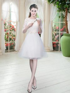 Half Sleeves Tulle Knee Length Lace Up in White with Lace