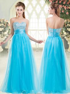 Gorgeous Aqua Blue A-line Beading Prom Evening Gown Lace Up Tulle Sleeveless Floor Length