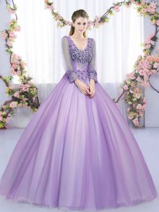New Style Lavender Zipper V-neck Lace and Appliques Sweet 16 Dress Tulle Long Sleeves