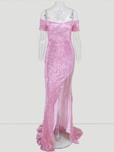 Luxurious Pink Prom Party Dress Prom and Party with Sequins Off The Shoulder Short Sleeves Sweep Train Zipper