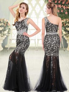 Sleeveless Tulle Floor Length Zipper in Black with Beading and Lace