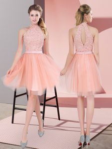 Peach Sleeveless Knee Length Beading Zipper Prom Party Dress