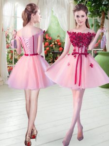 Deluxe Mini Length Lace Up Homecoming Dress Pink for Prom and Party with Beading and Appliques