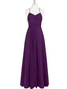 Eggplant Purple Empire Chiffon Straps Sleeveless Ruching Floor Length Zipper Dress for Prom