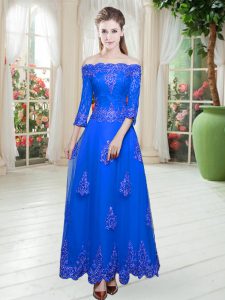 Custom Design Royal Blue Lace Up Prom Evening Gown Lace 3 4 Length Sleeve Floor Length