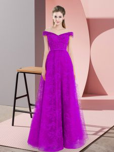 Chic Purple Lace Up Evening Dresses Beading and Lace Sleeveless Floor Length