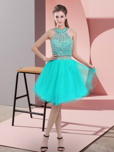 Turquoise Sleeveless Beading Knee Length Prom Dress