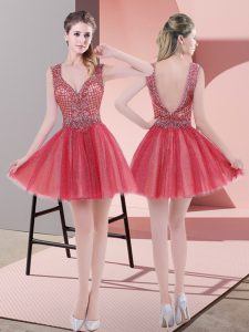 New Style Mini Length Backless Prom Dresses Watermelon Red for Prom and Party with Beading