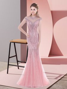 Nice Pink Mermaid Tulle Scoop Cap Sleeves Beading and Lace Zipper Prom Gown Sweep Train