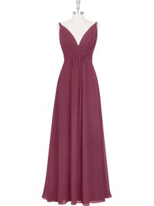 Burgundy Chiffon Backless Evening Dress Sleeveless Floor Length Ruching and Pleated