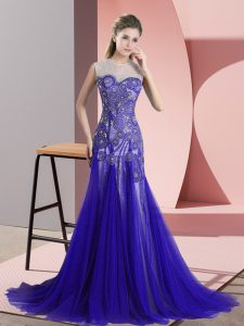 Blue Backless Prom Party Dress Beading and Appliques Sleeveless Sweep Train