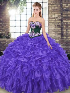 Captivating Sweetheart Sleeveless Organza 15 Quinceanera Dress Embroidery and Ruffles Sweep Train Lace Up