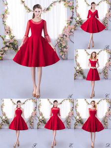 Wonderful Red Zipper Scoop Ruching Quinceanera Dama Dress Satin 3 4 Length Sleeve