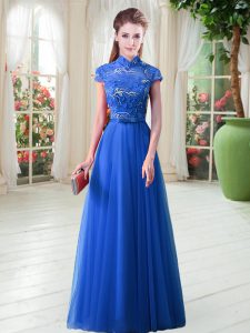 Trendy Cap Sleeves Lace Up Floor Length Appliques Prom Dress