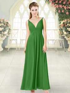 Green Chiffon Backless Prom Gown Sleeveless Ankle Length Ruching