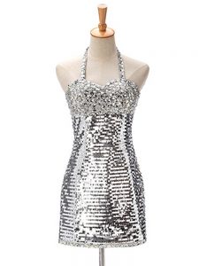 Silver Sleeveless Ruching Mini Length Prom Evening Gown