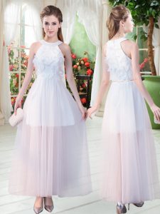 Perfect White Tulle Zipper Scoop Sleeveless Ankle Length Prom Dresses Appliques