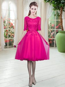 Best Selling Half Sleeves Knee Length Lace Lace Up Prom Dress with Fuchsia