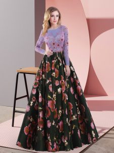 Long Sleeves Printed Sweep Train Lace Up Evening Dress in Multi-color with Appliques