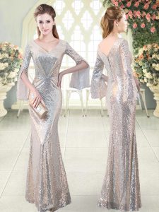 Fine Mermaid Prom Gown Silver V-neck Sequined Long Sleeves Floor Length