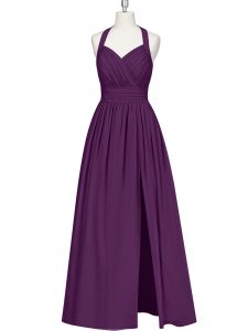 Eggplant Purple Sleeveless Floor Length Ruching Zipper Evening Party Dresses