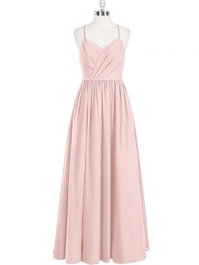 Custom Design Pink Spaghetti Straps Criss Cross Ruching Evening Dress Sleeveless