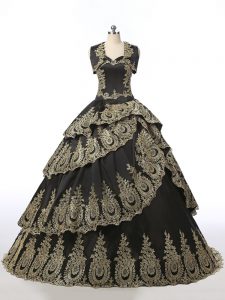 Designer Floor Length Black 15th Birthday Dress Satin Sleeveless Embroidery
