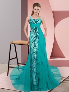Teal Sleeveless Sweep Train Beading and Lace Prom Party Dress