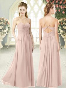 Pink Chiffon Criss Cross Prom Gown Sleeveless Floor Length Ruching