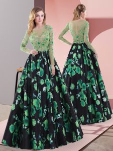Hot Selling Multi-color A-line Scoop Long Sleeves Printed Floor Length Lace Up Appliques