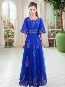 Floor Length Royal Blue Prom Dress Scoop Half Sleeves Lace Up