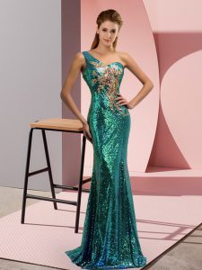 Fine Green Homecoming Dress Prom and Party and Military Ball with Beading One Shoulder Sleeveless Sweep Train Lace Up