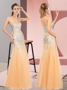 Orange Column/Sheath Beading Prom Party Dress Zipper Tulle Sleeveless Floor Length