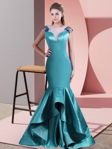 Teal Dress for Prom Satin Sweep Train Sleeveless Beading and Lace
